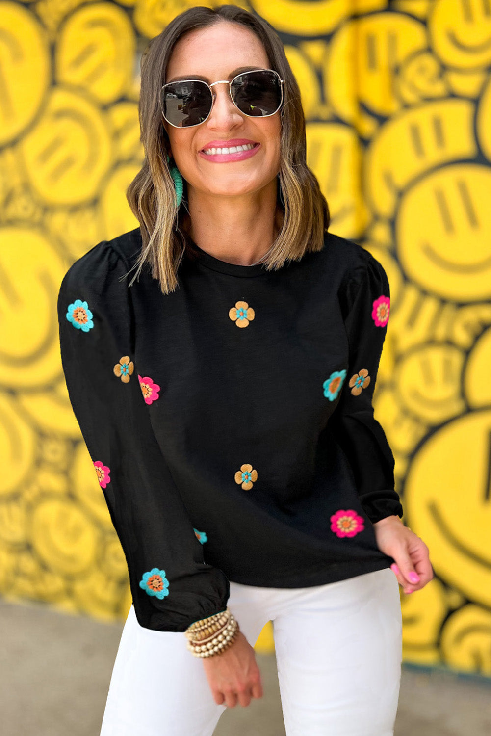 Black Embroidered Flower Short Puff Sleeve Tee