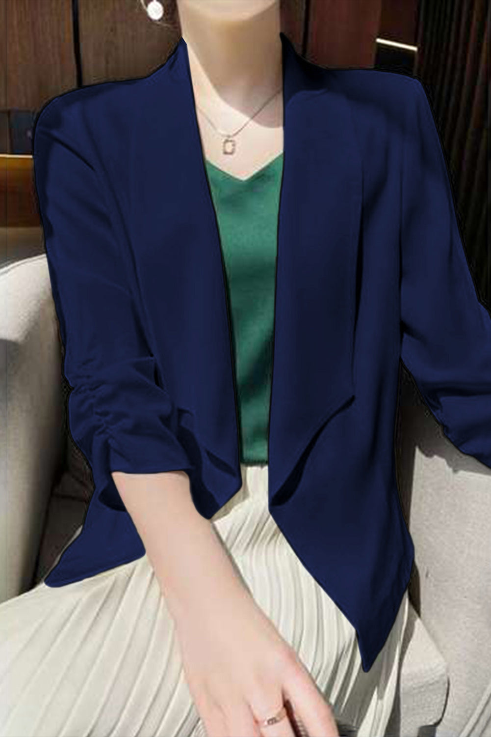 Apricot Solid Lapel Collar Satin Blazer