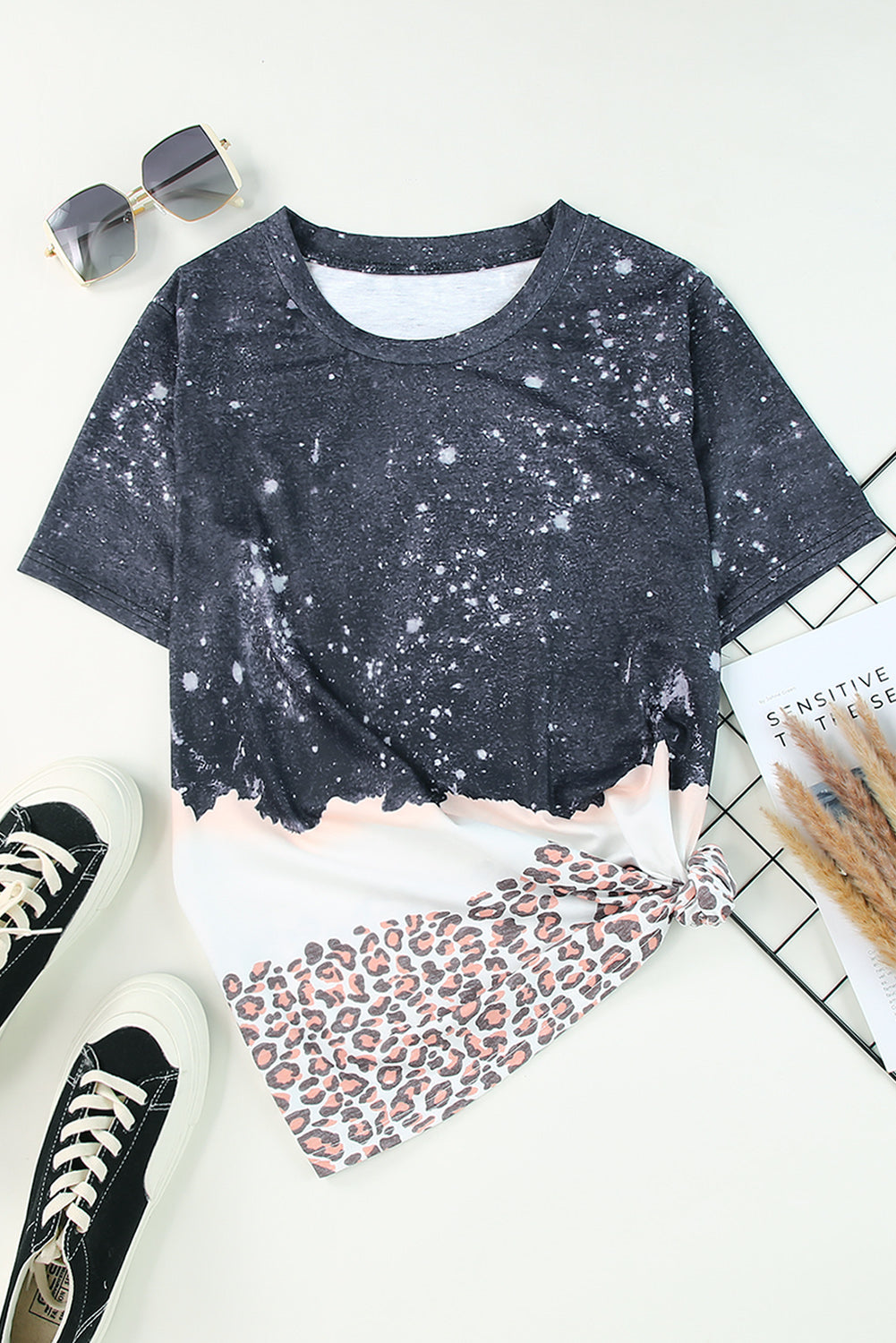 Black Leopard Print Detail Bleached Tee