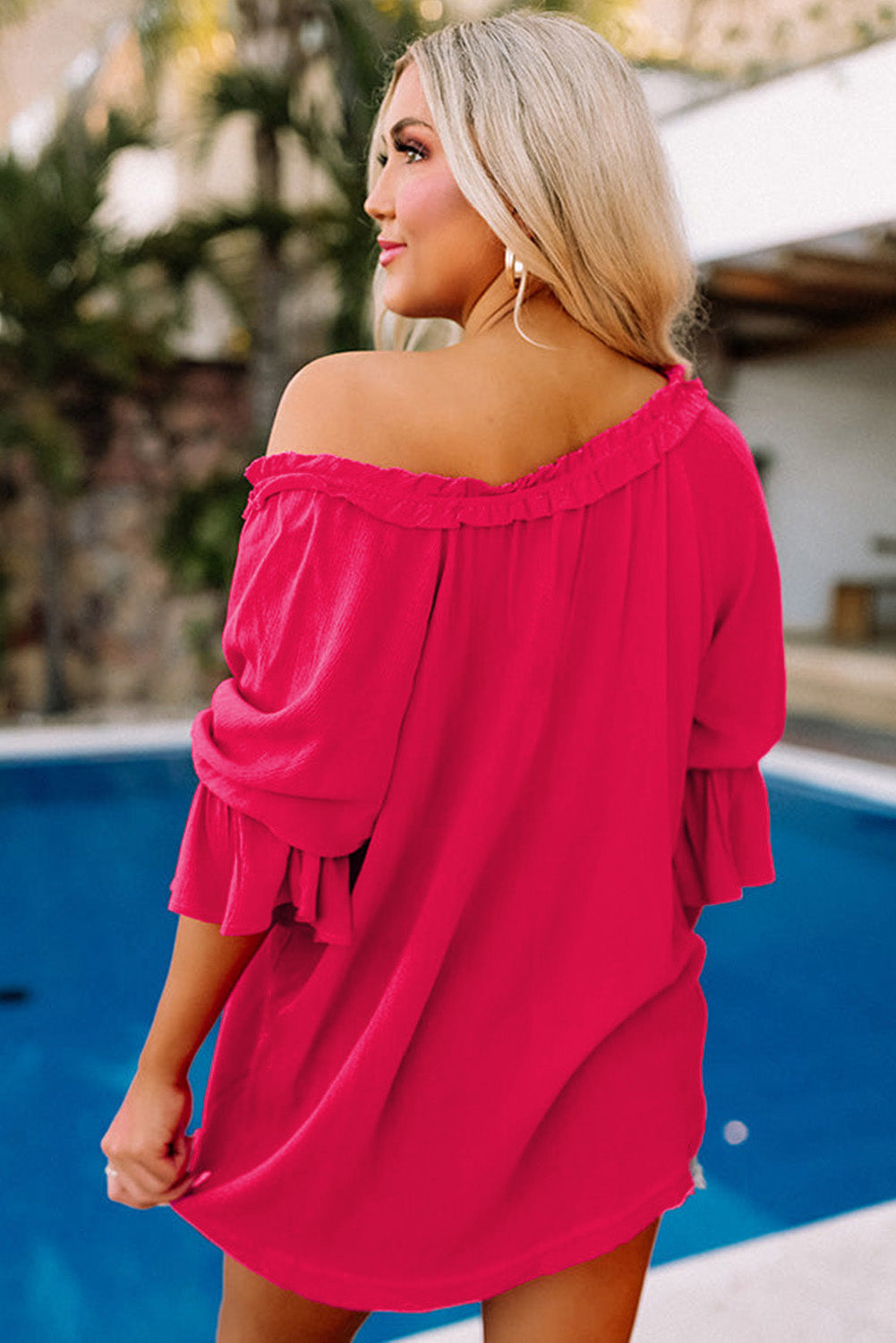 Rose Frilled Split V Neck Ruffled Sleeve Shift Top