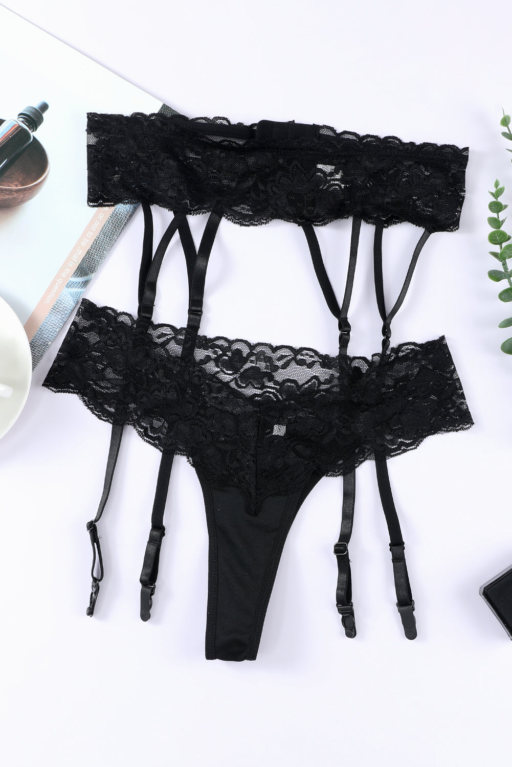 Black Vintage Lace Garter Belt with Thong