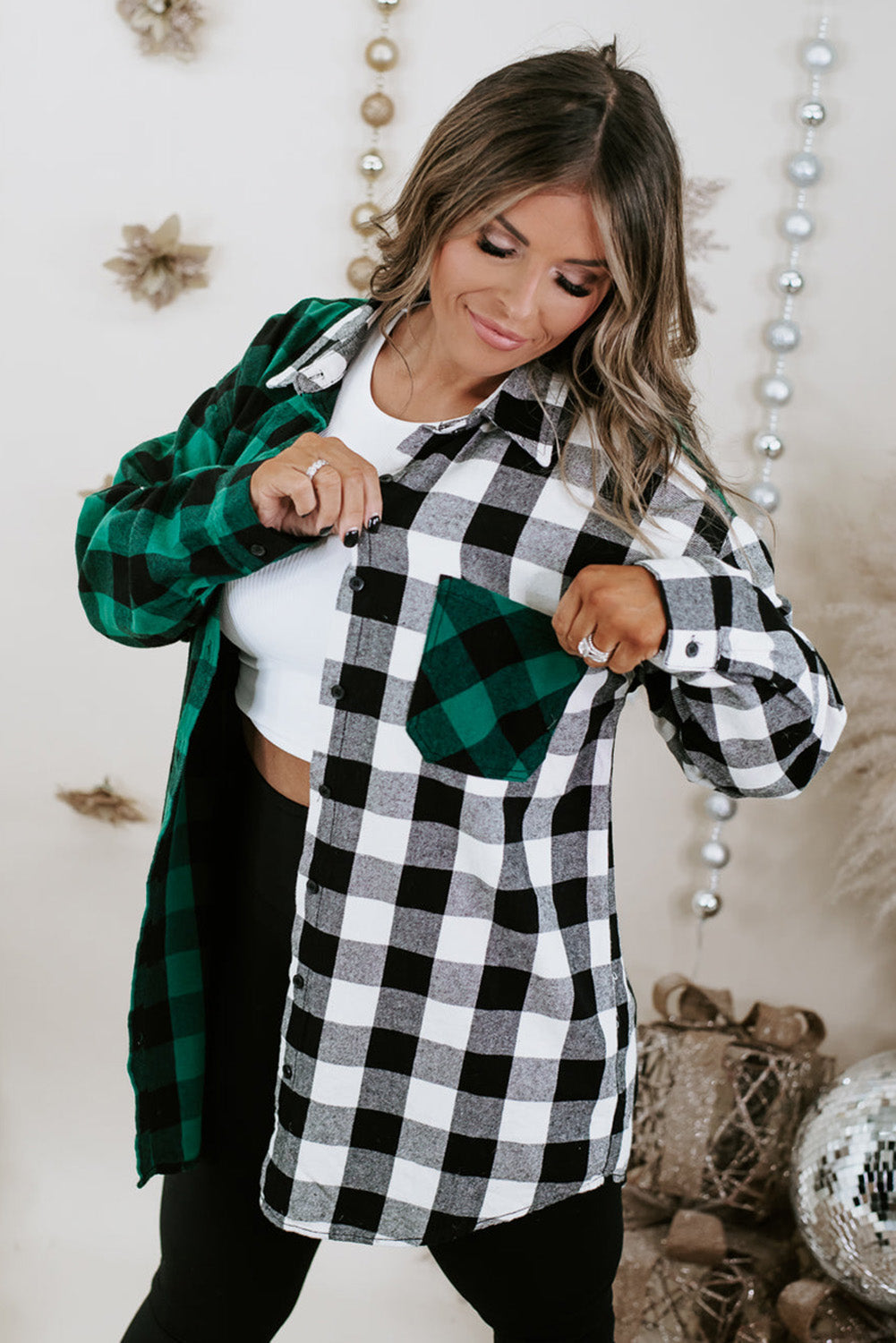 Verdant Plaid Color Block Buttoned Plus Size Shacket