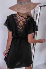 Black Lace Crochet Drawstring High Waist Mini Dress