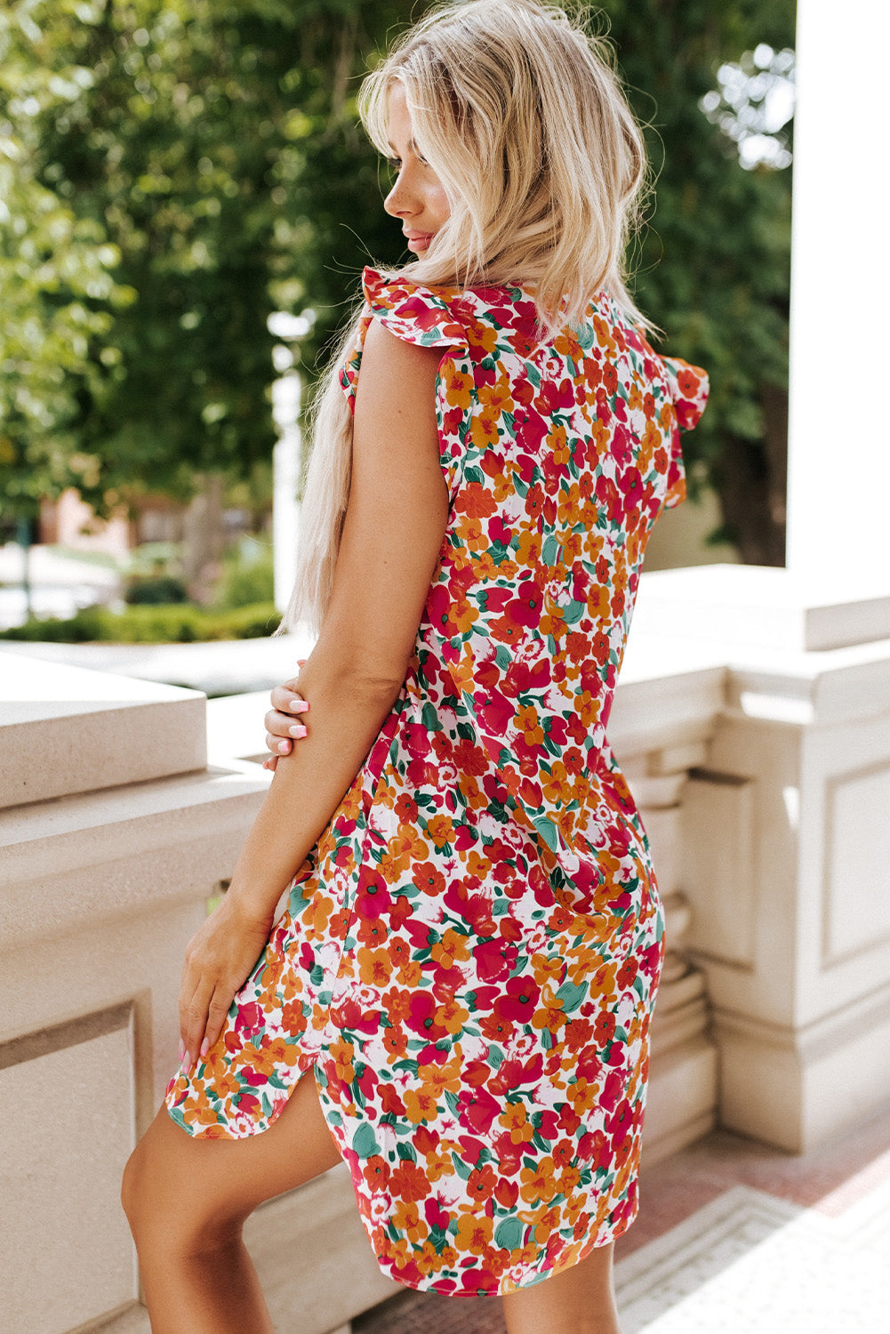 Red Ruffle Sleeve V-Neck Floral Dress