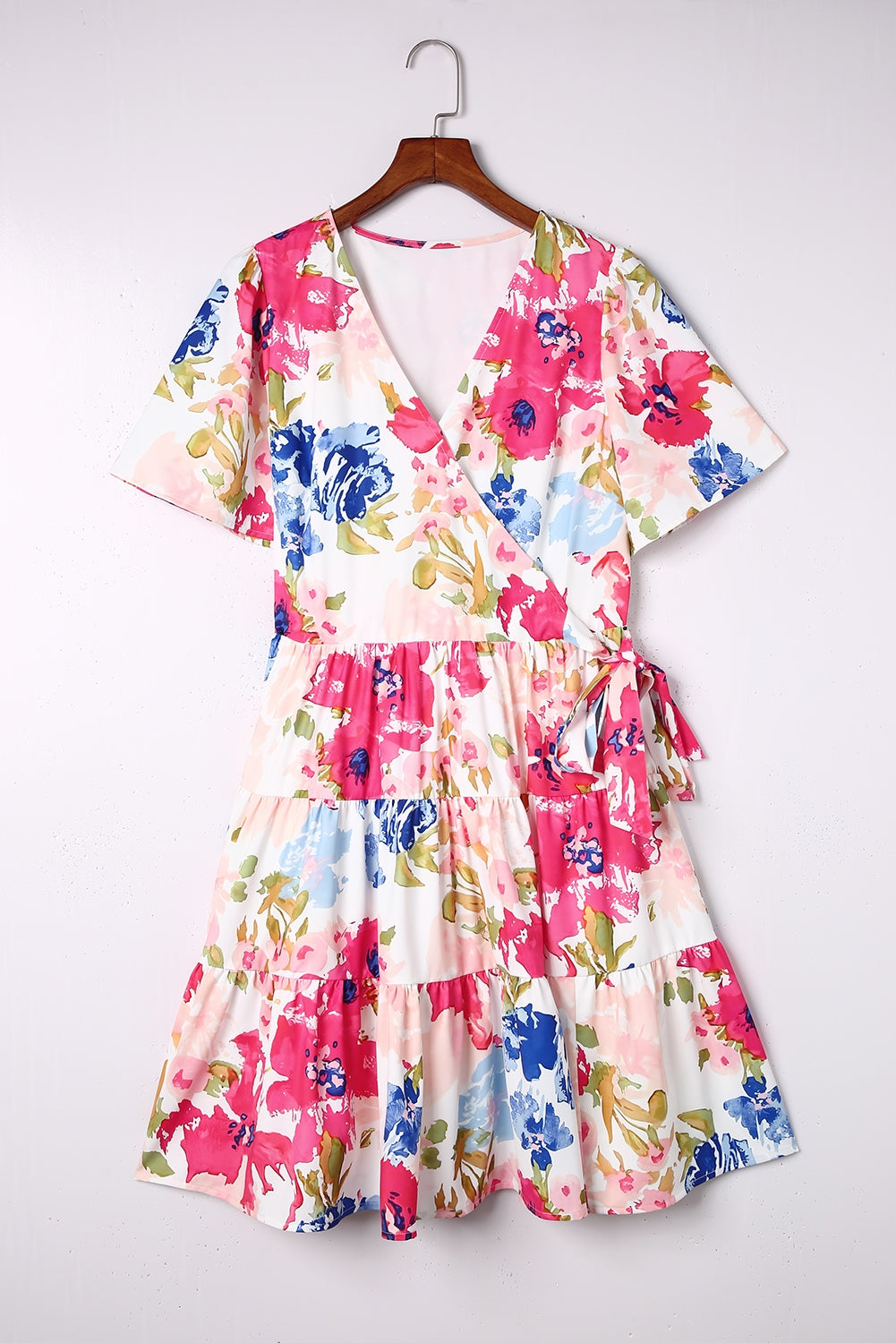 Multicolor Sweet Floral Wrap V Neck Skater Dress