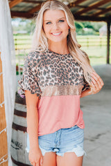 Pink Leopard Sequin Colorblock Patchwork Short Sleeve Top