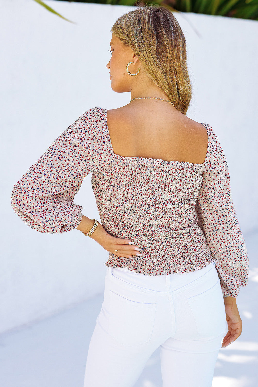 Khaki Square Neck Puff Sleeve Floral Smocked Top