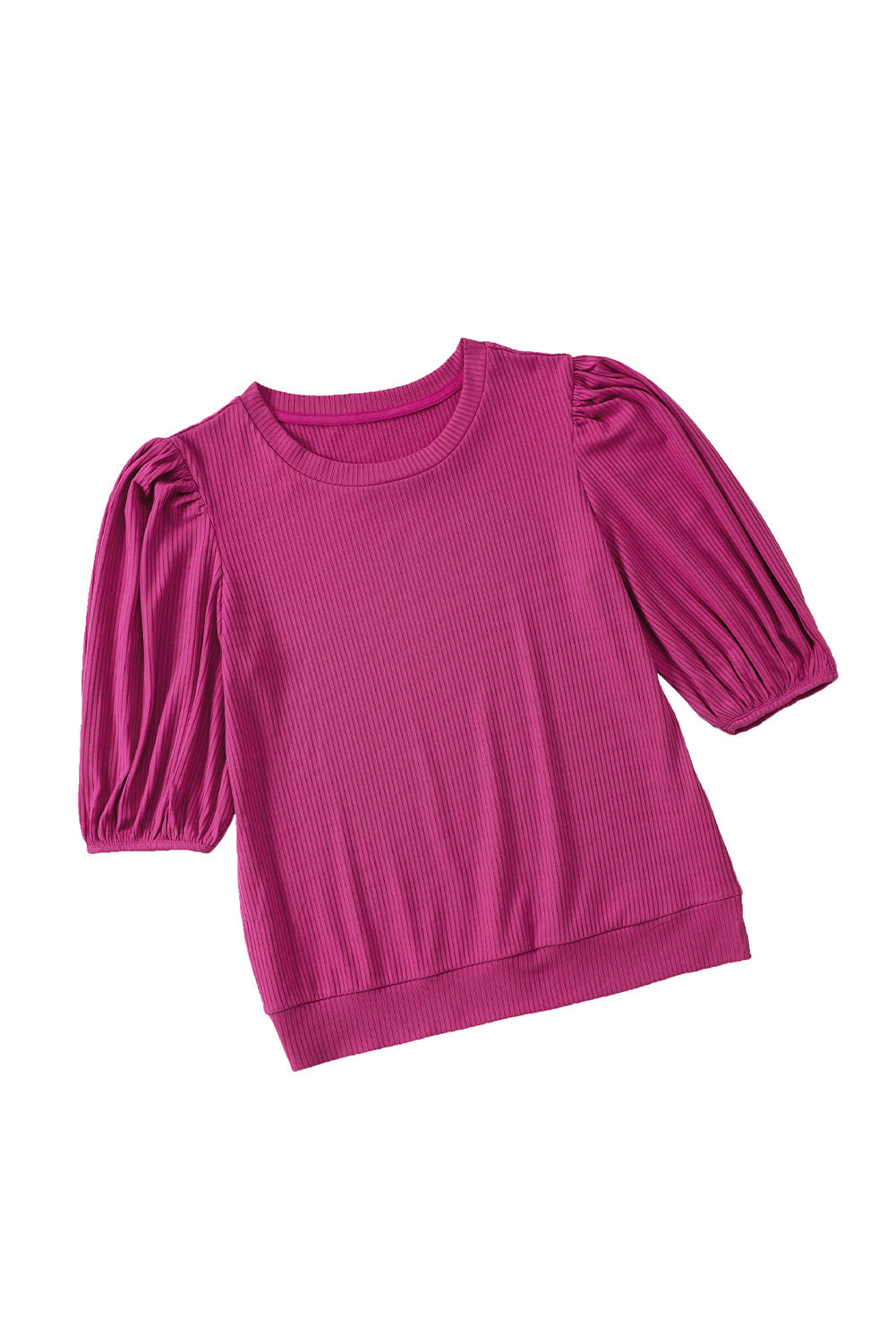 Purple Bubble Half Sleeves Ribbed Knit Top