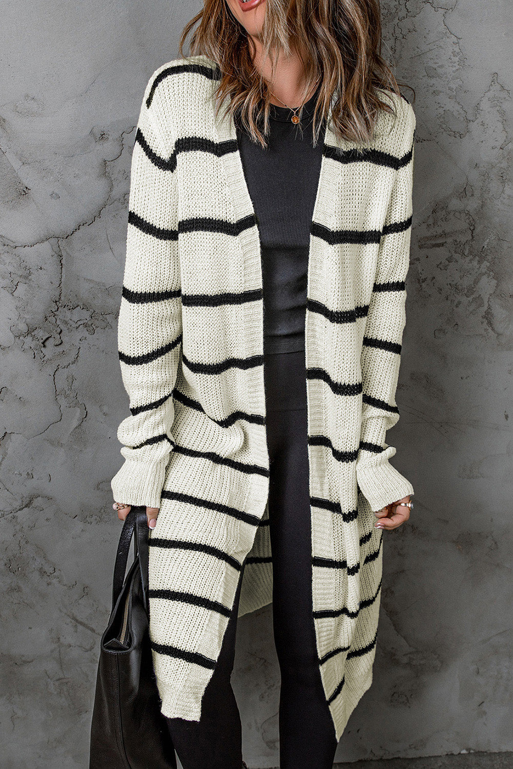 Beige Striped Print Long Cardigan