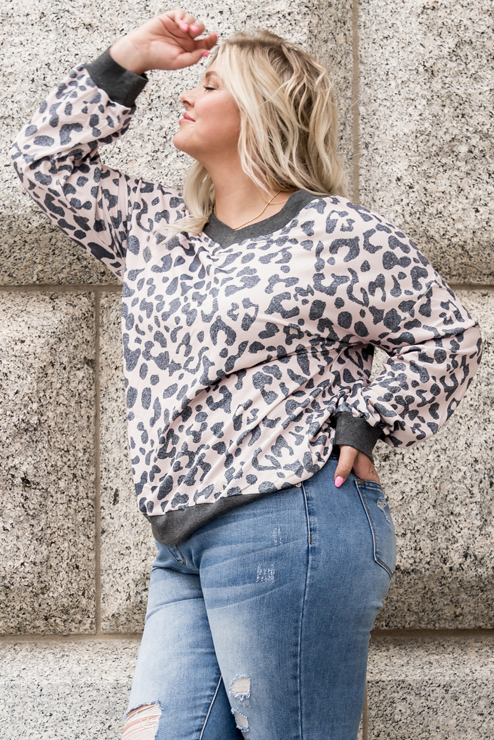 Khaki Leopard Print V Neck Loose Plus Size Blouse