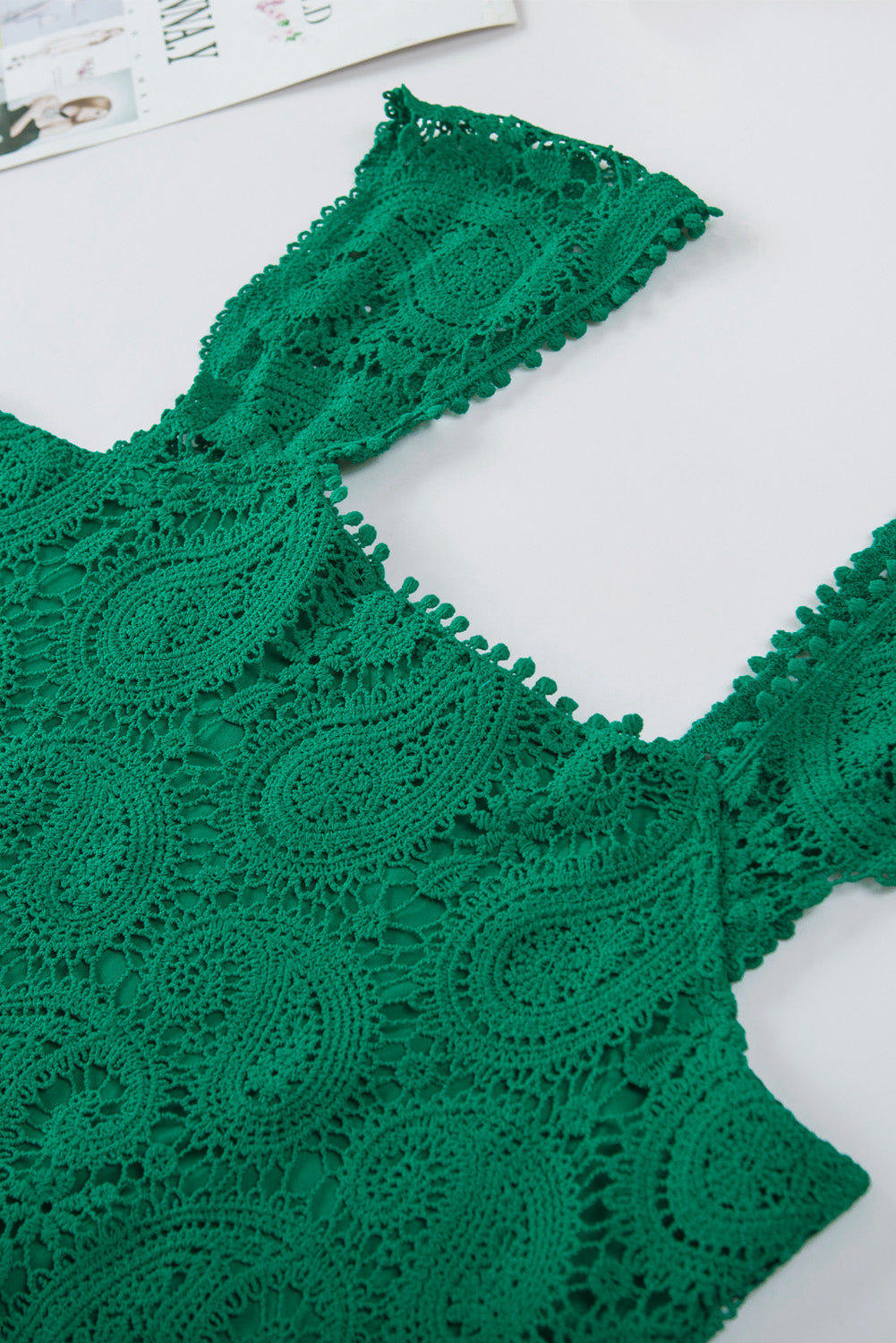 Green Lace Crochet Ruffled Square Neck Tank Top