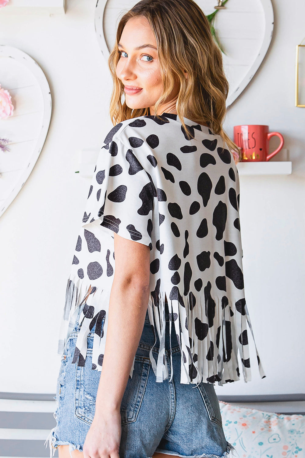 White Fringe Cow Print Short Sleeve Top