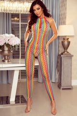 Multicolor Striped Hollow Out Backless Halter Bodystocking