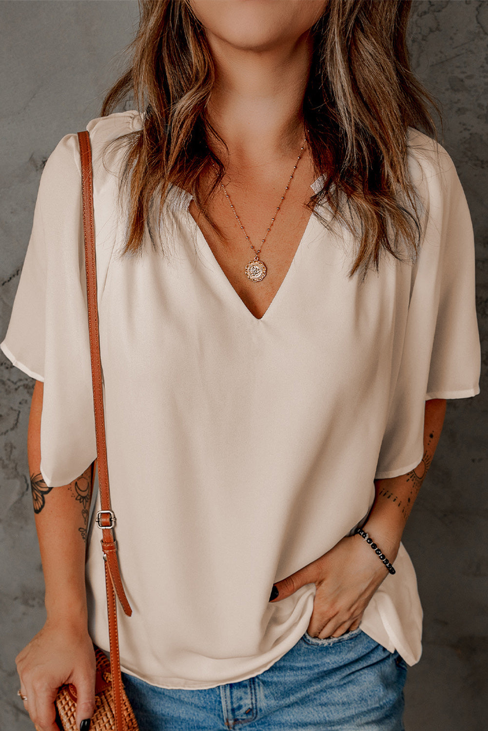 Beige Split Neck Pleated Loose Blouse