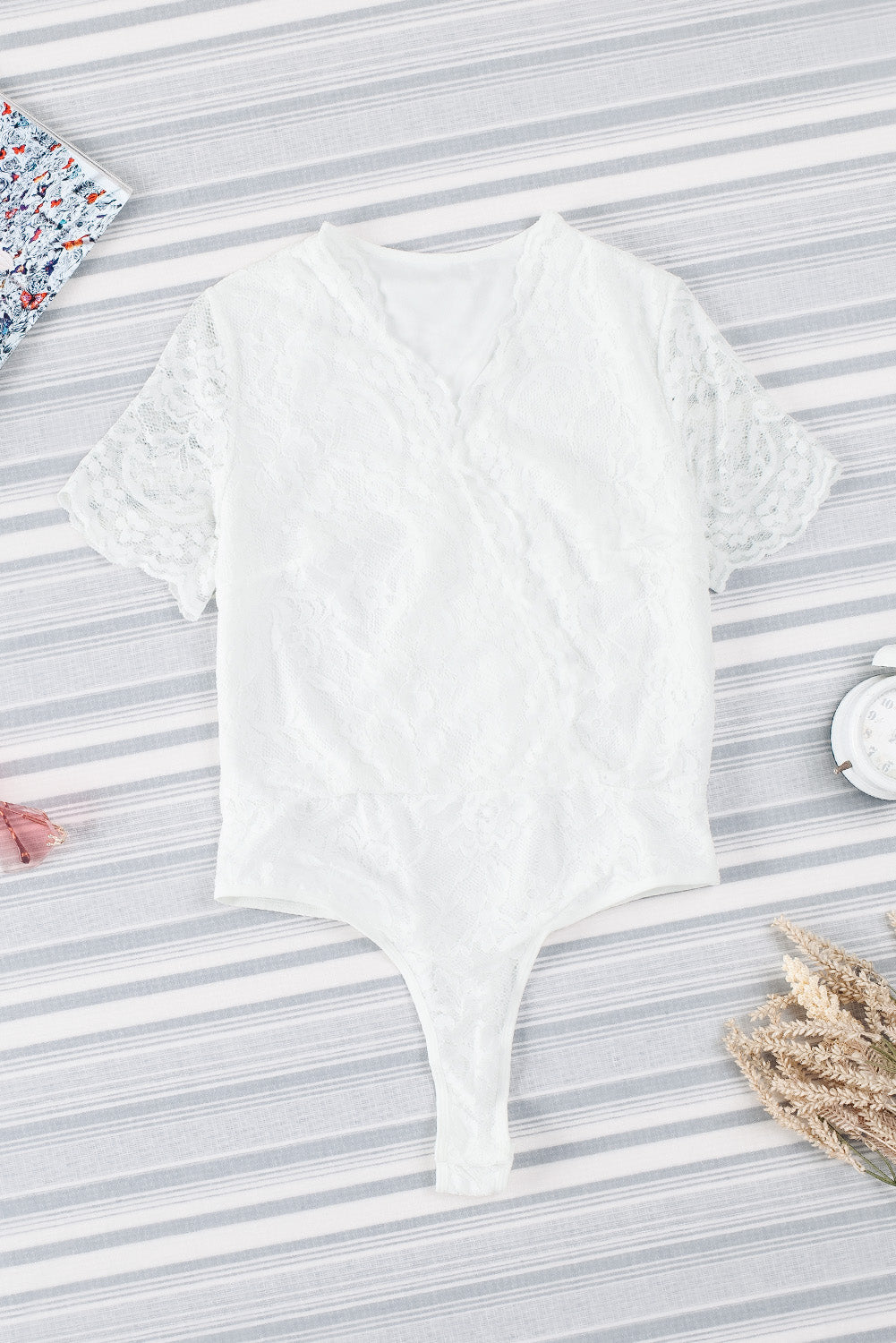 White Lace Scalloped V Neck Wrap Short Sleeve Bodysuit