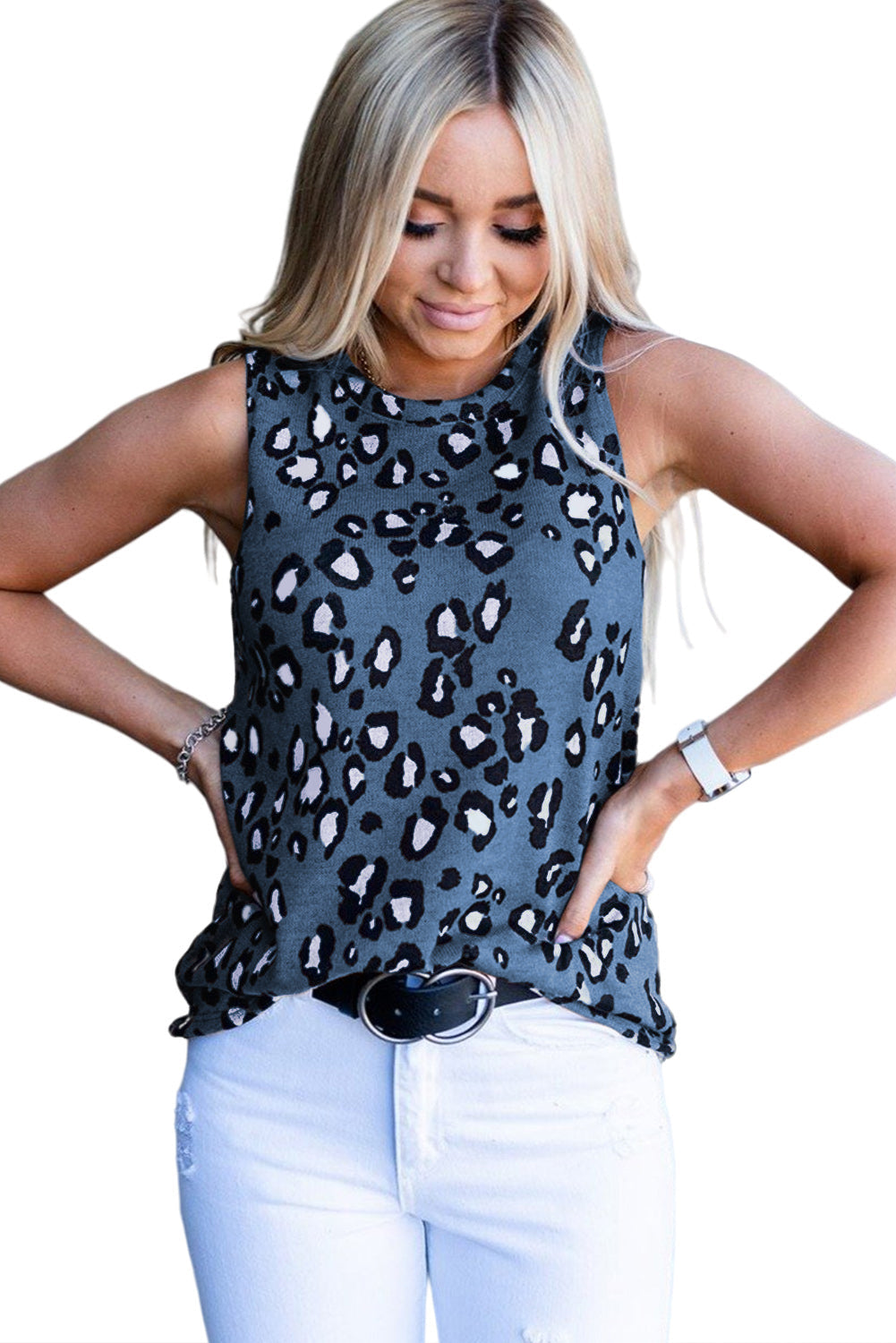 Blue Leopard Print Crew Neck Tank Top