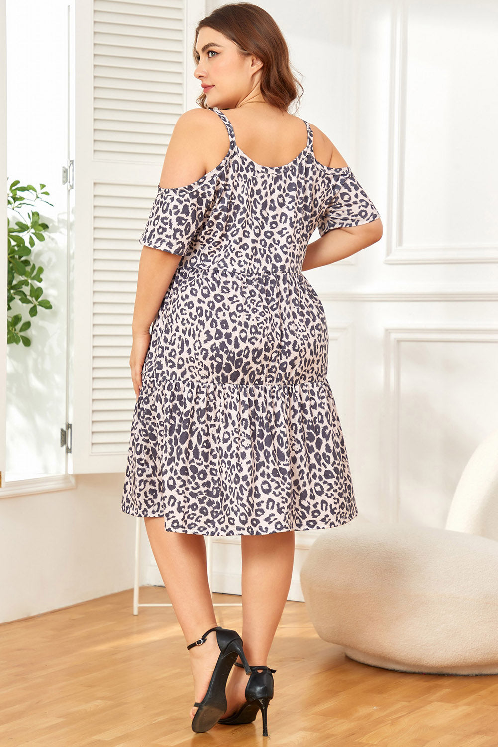 Leopard Plus Size Cold Shoulder Flare Tiered Mini Dress