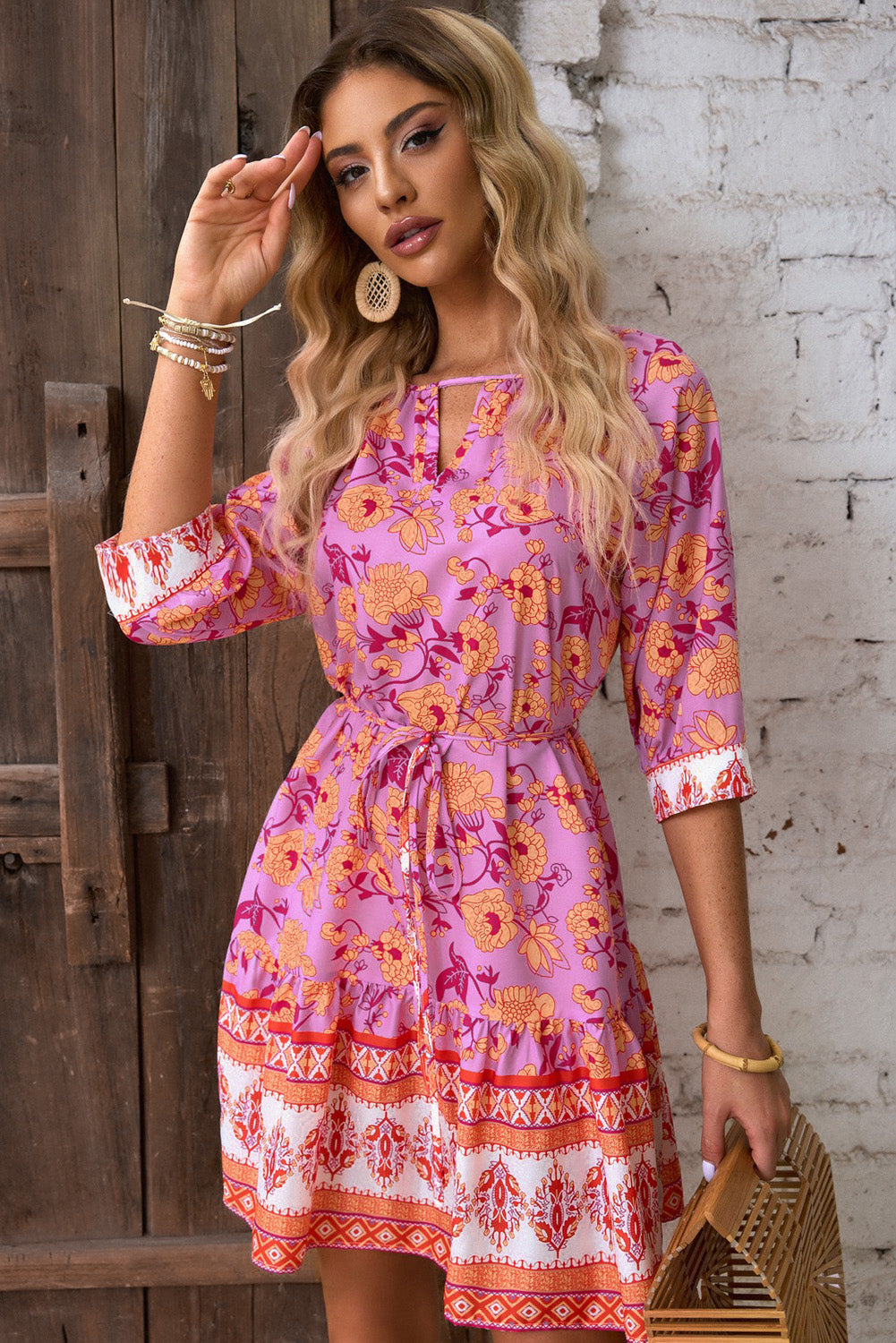 Red 3/4 Sleeve Boho Floral Belted Mini Dress