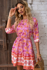 Red 3/4 Sleeve Boho Floral Belted Mini Dress