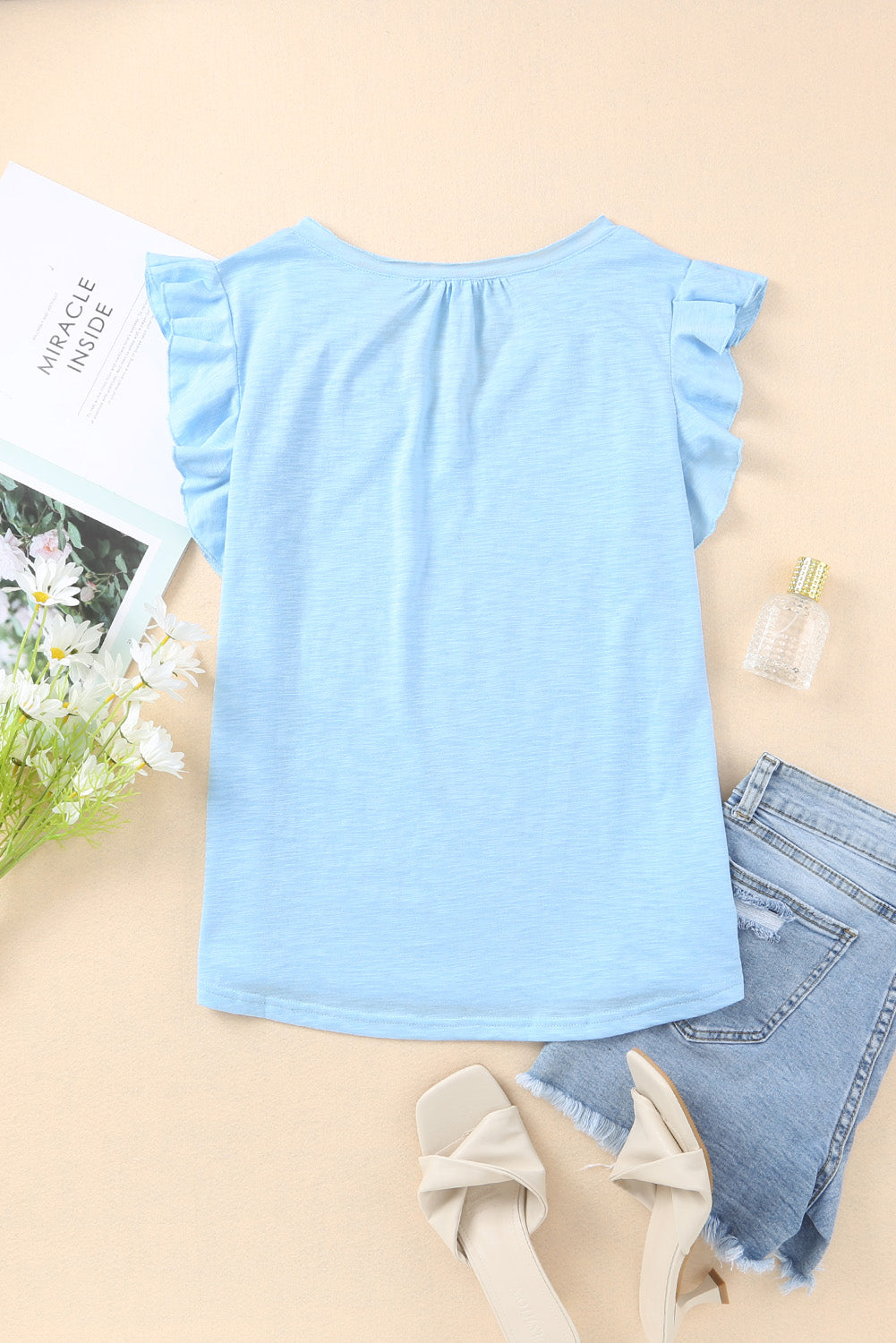 White Casual Solid V Neck Butterfly Sleeve Top