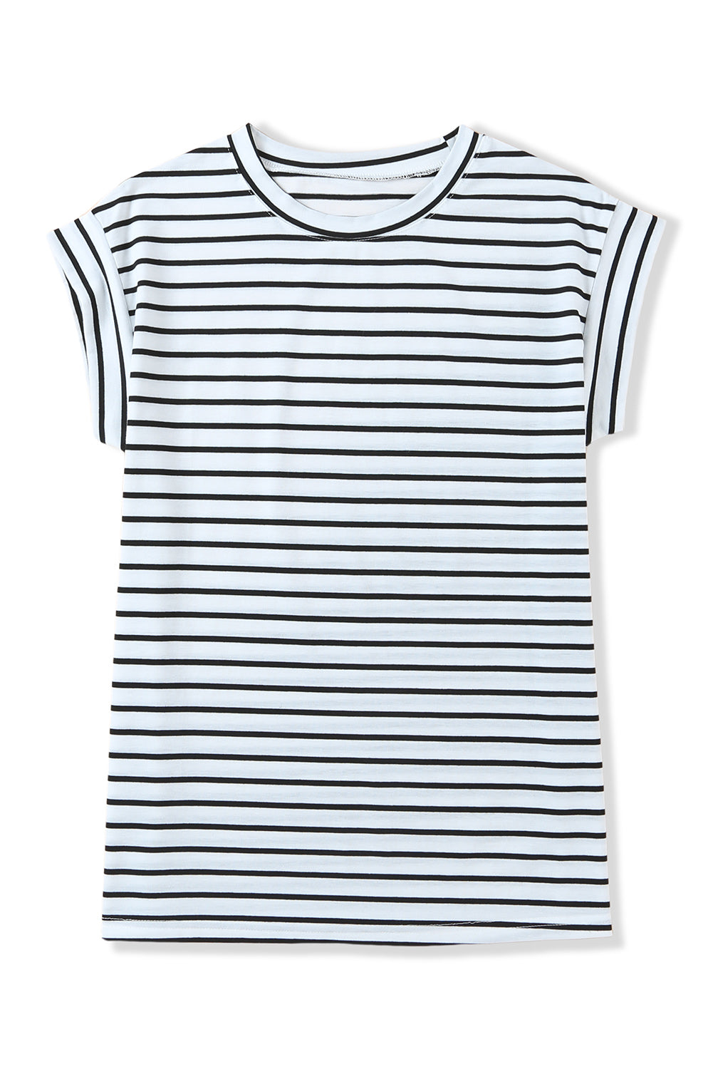 Striped Rolled Cap Sleeve Round Neck T Shirt