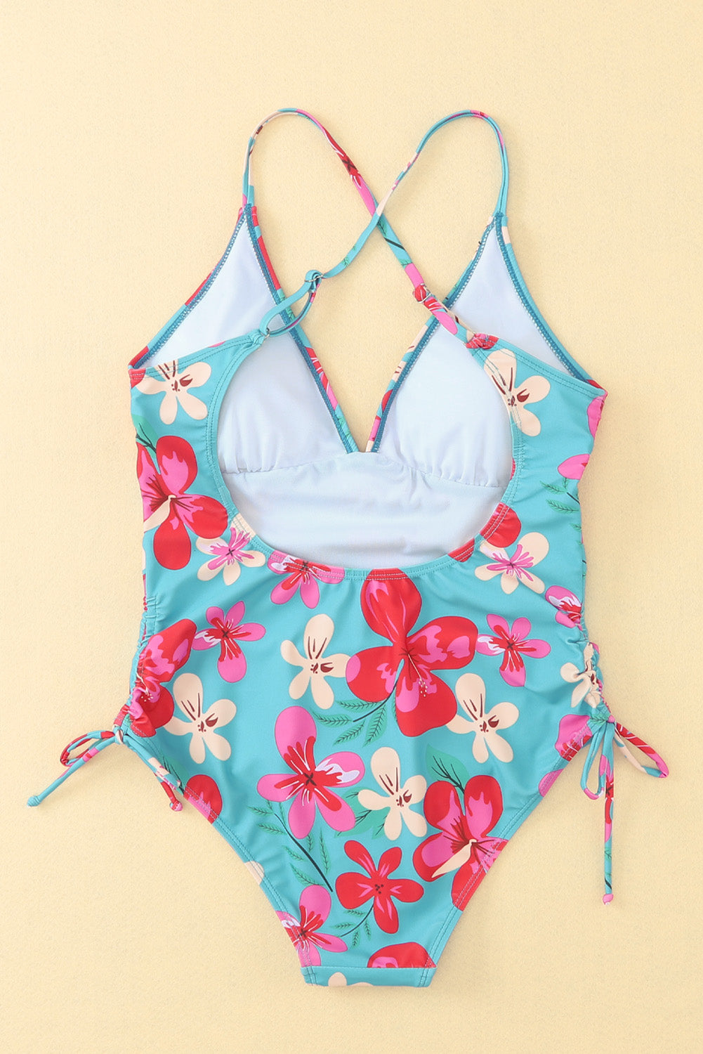 Sky Blue Flower Print Open Back One-piece Swimwear