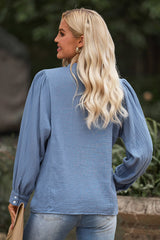 Blue Solid Textured Buttoned Front Bubble Sleeve Blouse