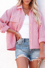 Pink Plaid Tweed Button Up Shacket