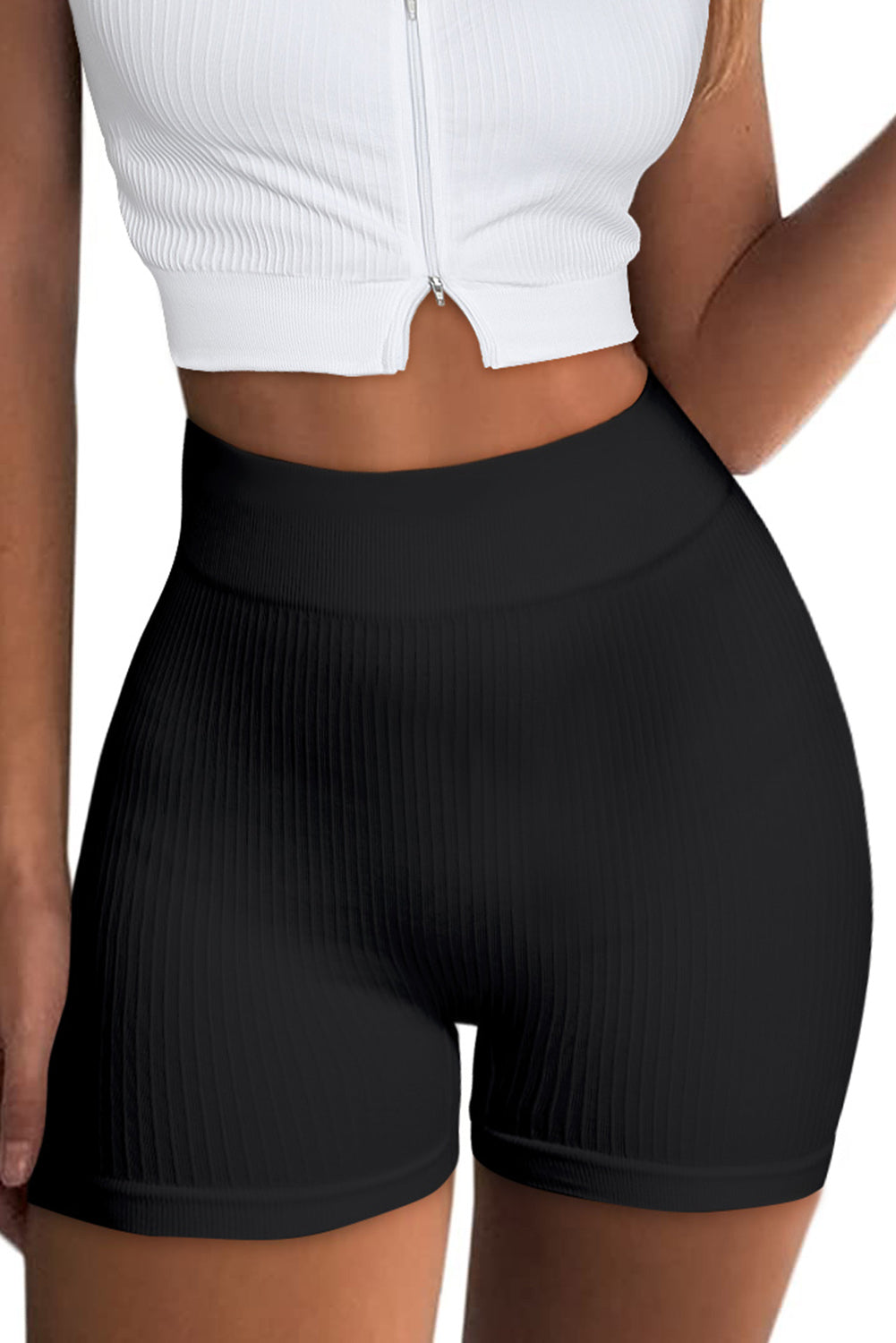 Black Textured Butt Lifting High Waist Yoga Shorts