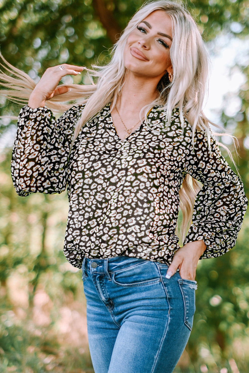 Green Floral Print V Neck Long Puff Sleeve Top