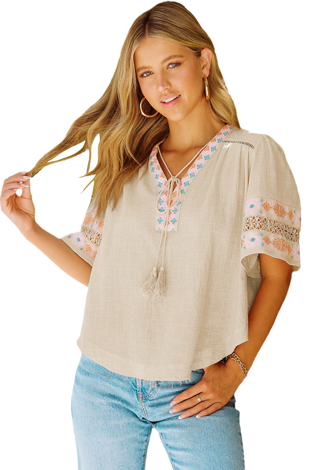 Beige Tassel Drawstring Embroidered Half Sleeve V Neck Top