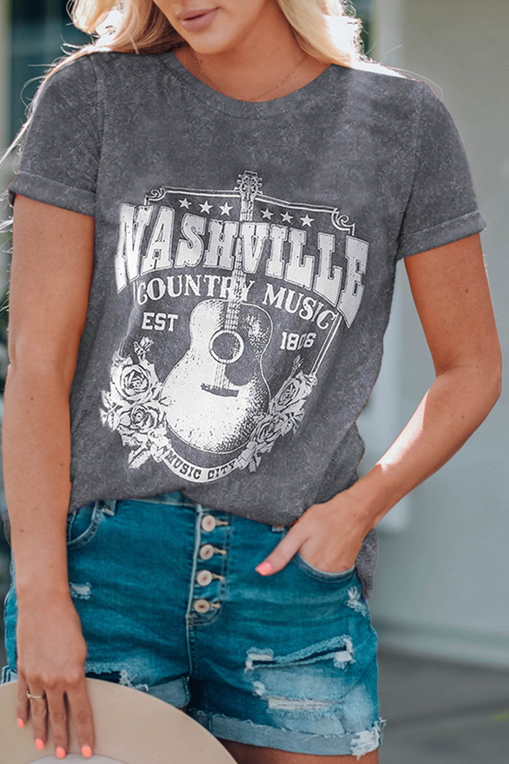 Gray Nashville Music City Graphic Mineral Washed Tee