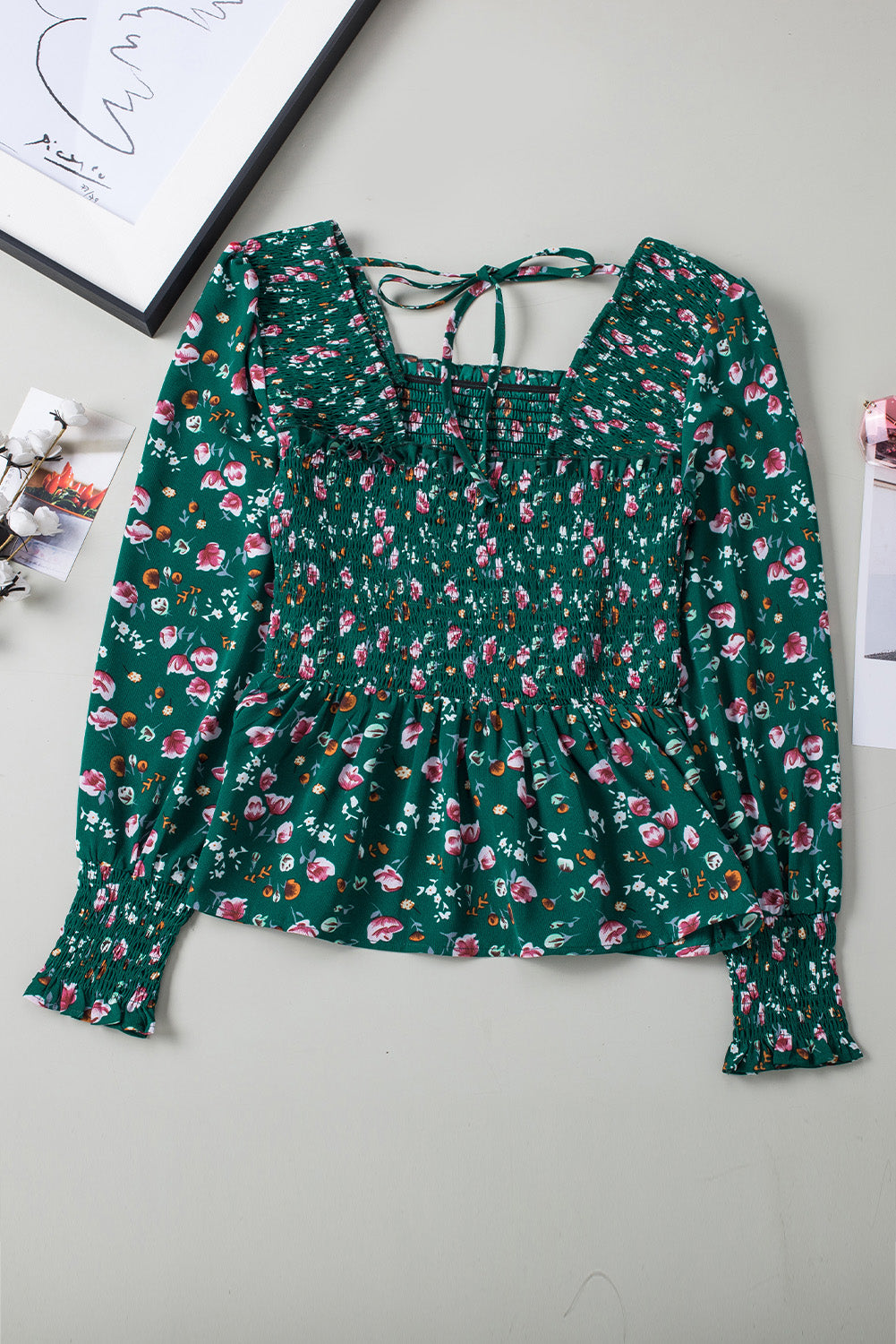 Floral Print Smocked Lace-up Square Neck Long Sleeve Top