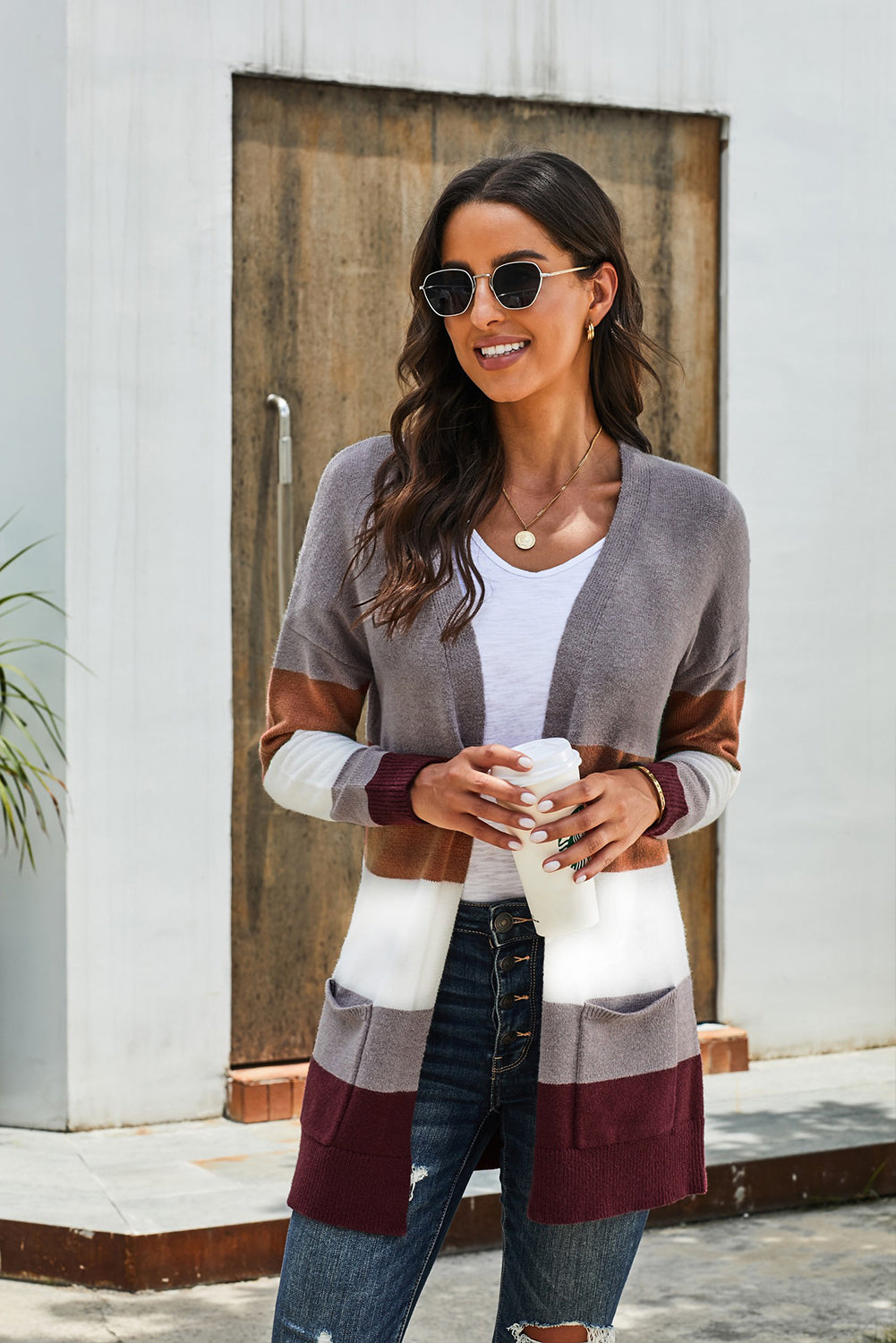 Khaki Open Front Colorblock Cardigan with Pockets