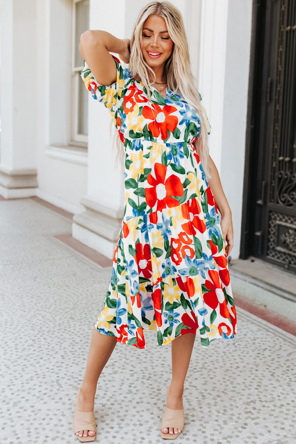 Multicolor Flutter Sleeve V Neck High Waist Floral Midi Dress