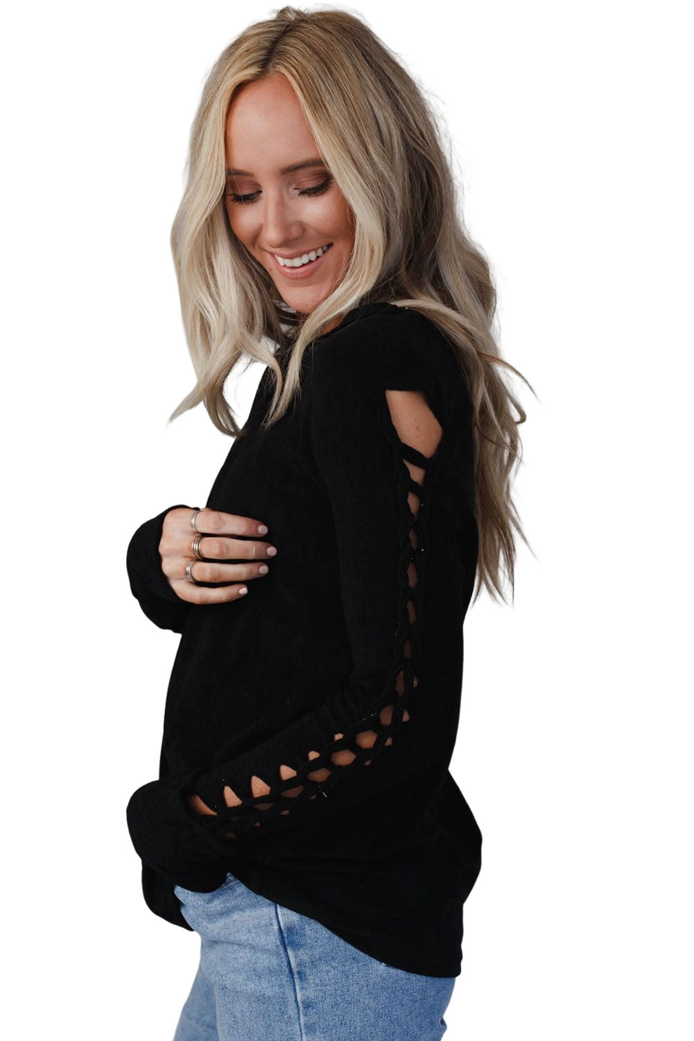 Black Braid Hollow-out Sleeves Knit Top