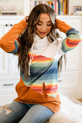 Brown Striped Colorblock Pocketed Hoodie