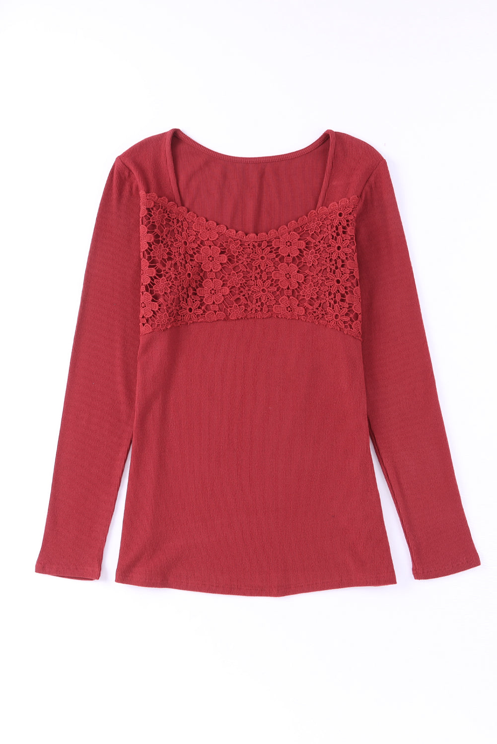 Red Lace Crochet V Neck Long Sleeve Top