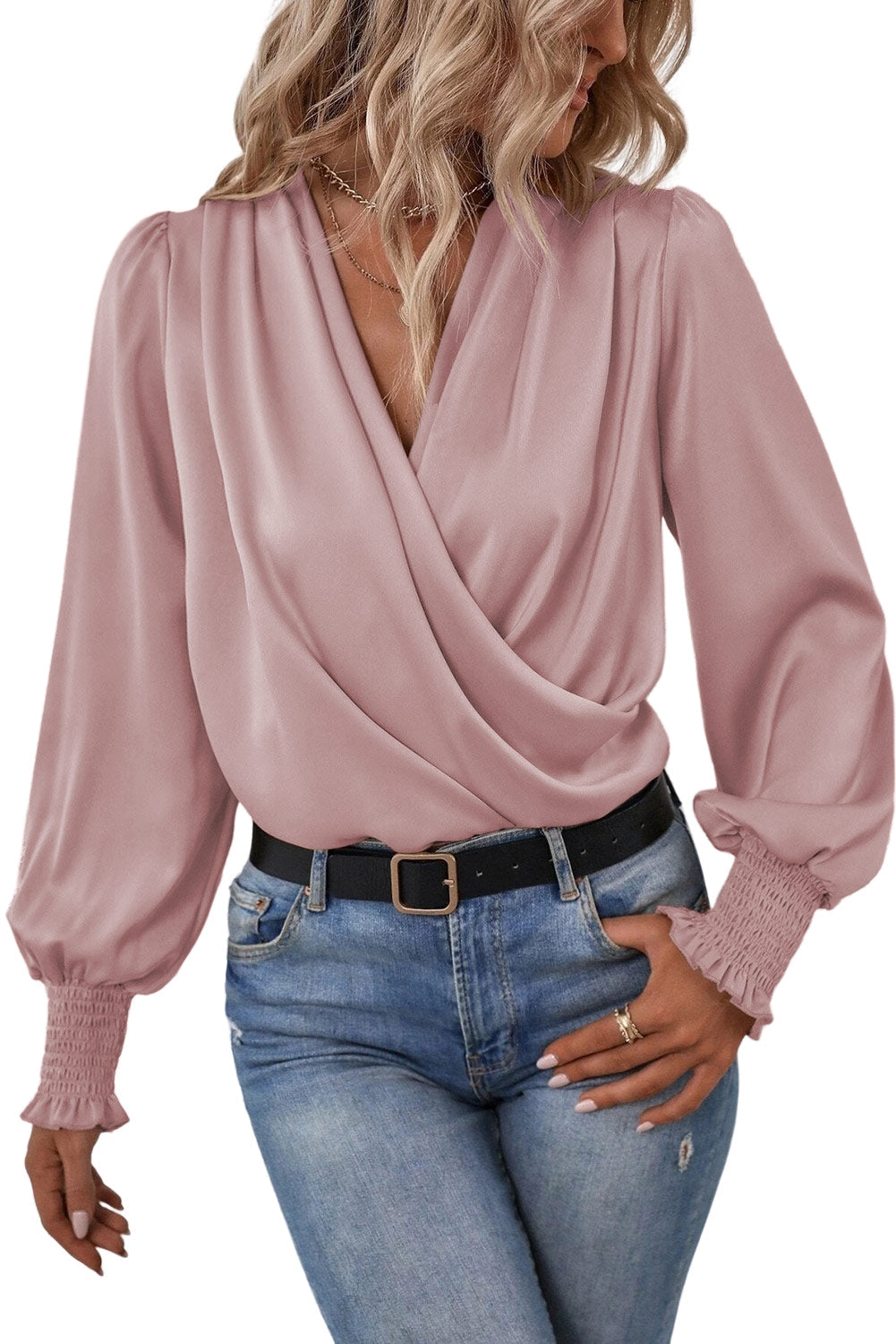 Black Solid Surplice Neck Shirred Cuffs Draped Blouse