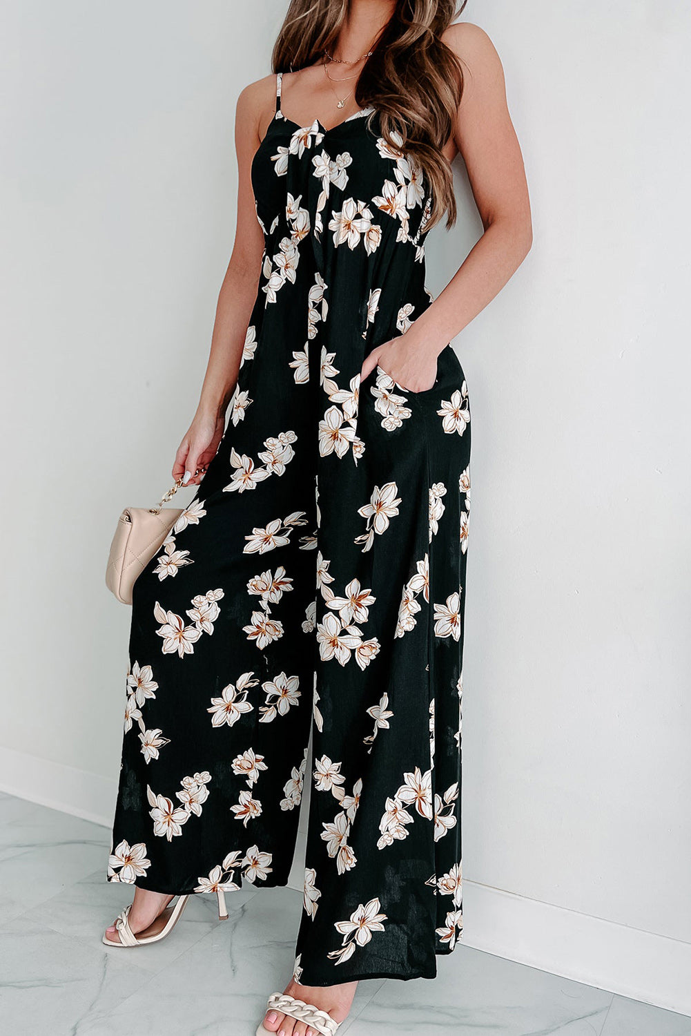 Black Tie Decor V Neck Floral Wide Leg Jumpsuit