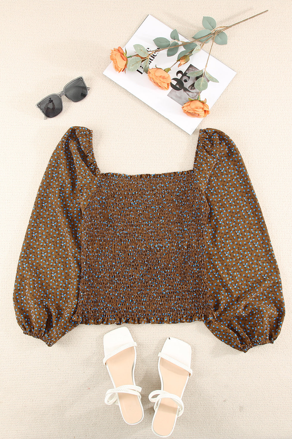 Khaki Square Neck Puff Sleeve Floral Smocked Top