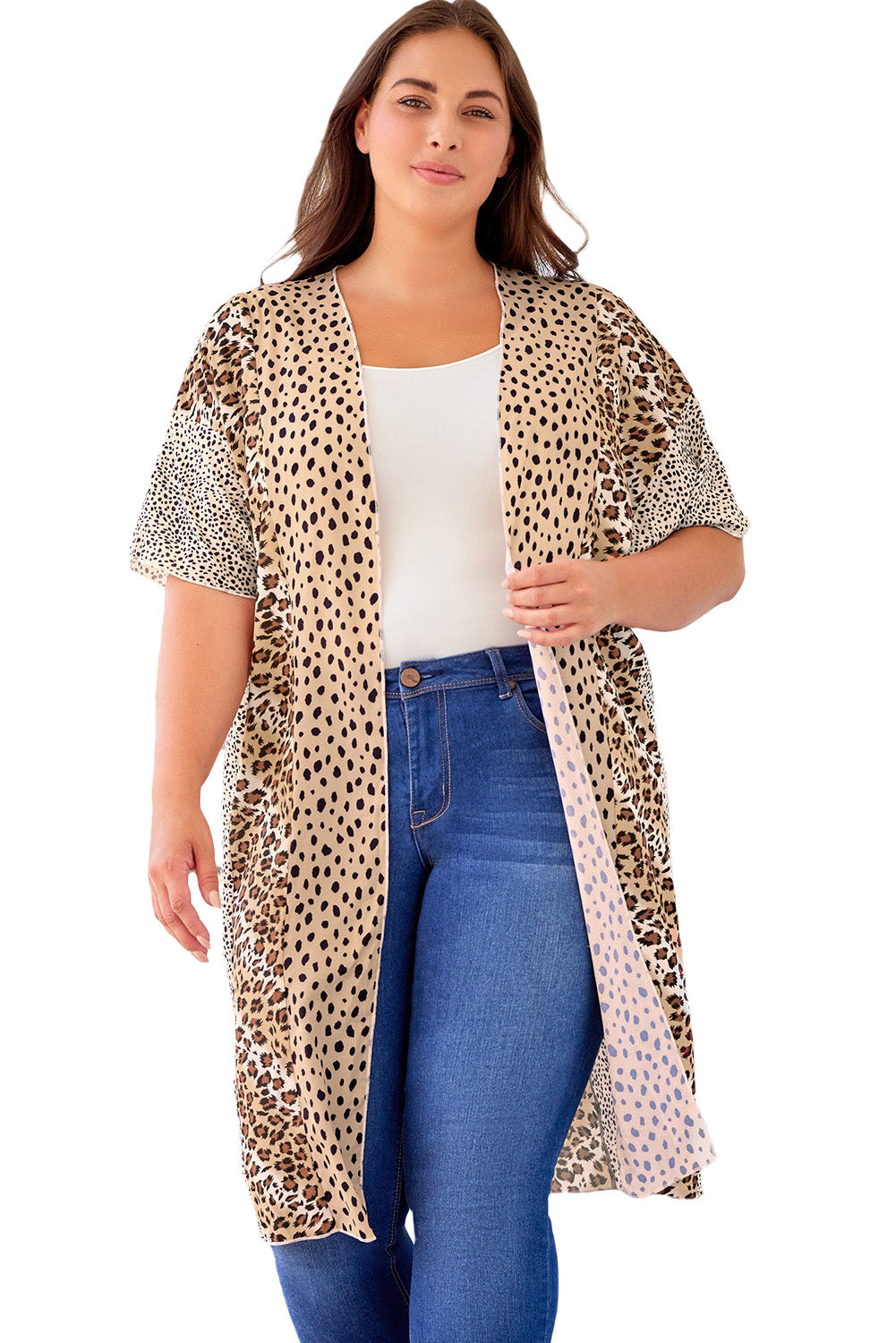 Plus Size Leopard Color Block Flowy Kimono