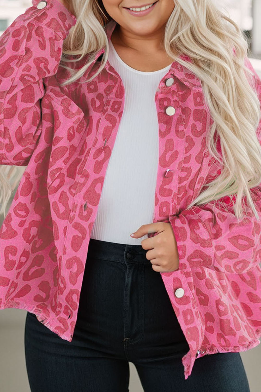 Pink Plus Size Leopard Print Button Cuffs Raw Hem Jacket