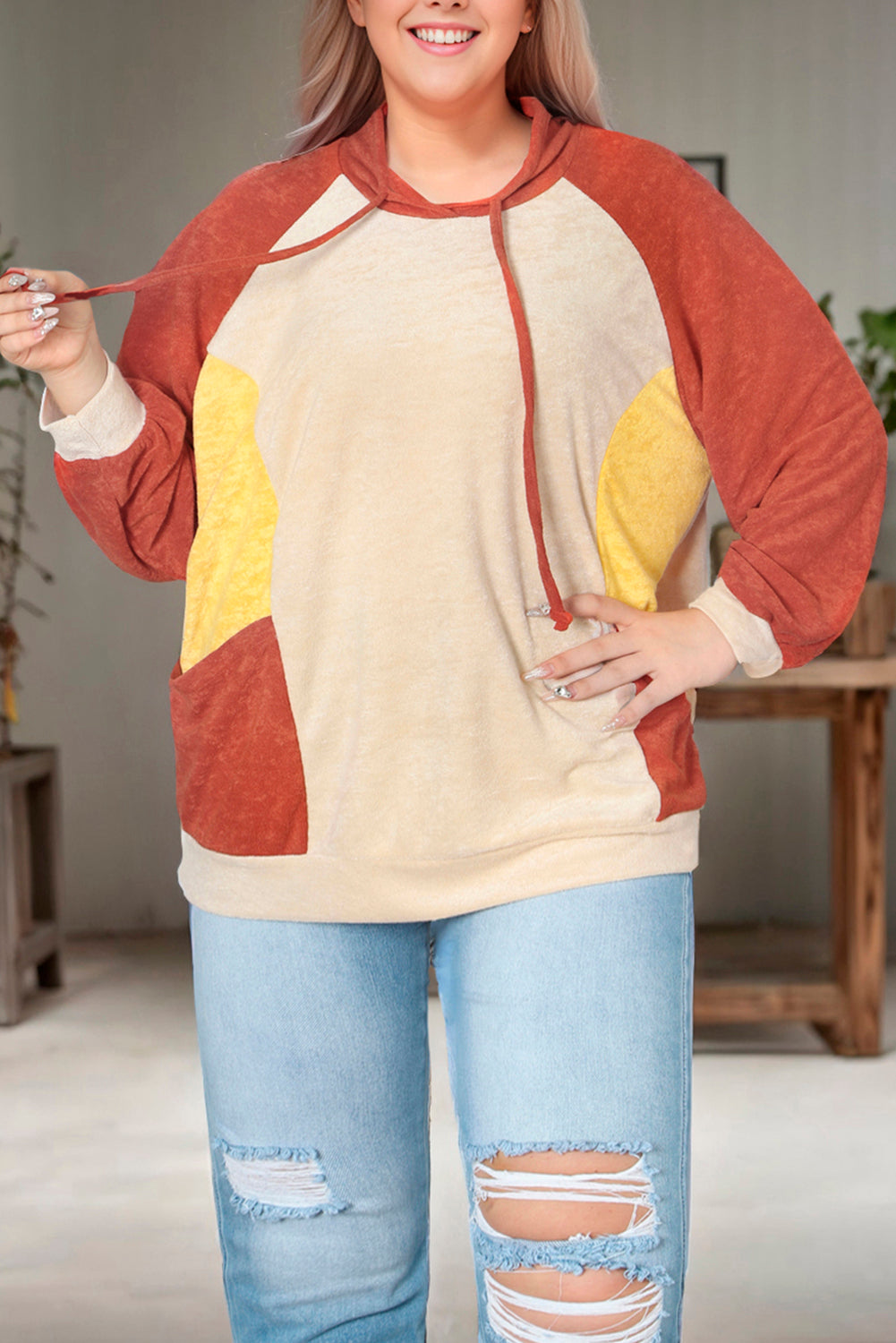 Orange Plus Size Colorblock Raglan Hoodie with Pockets