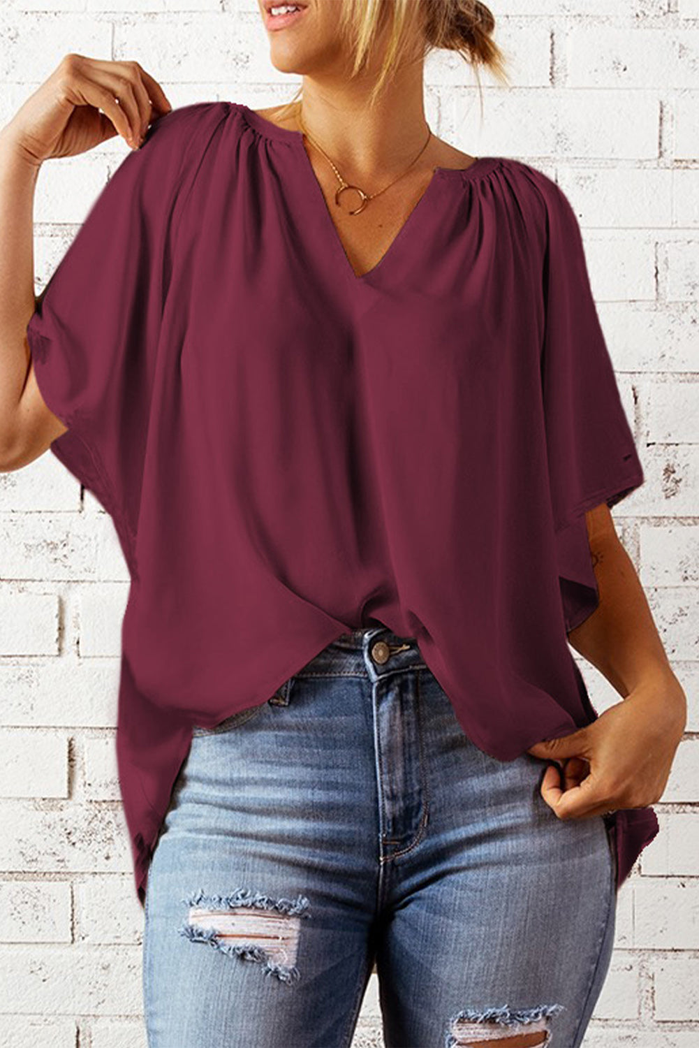 Beige Split Neck Pleated Loose Blouse