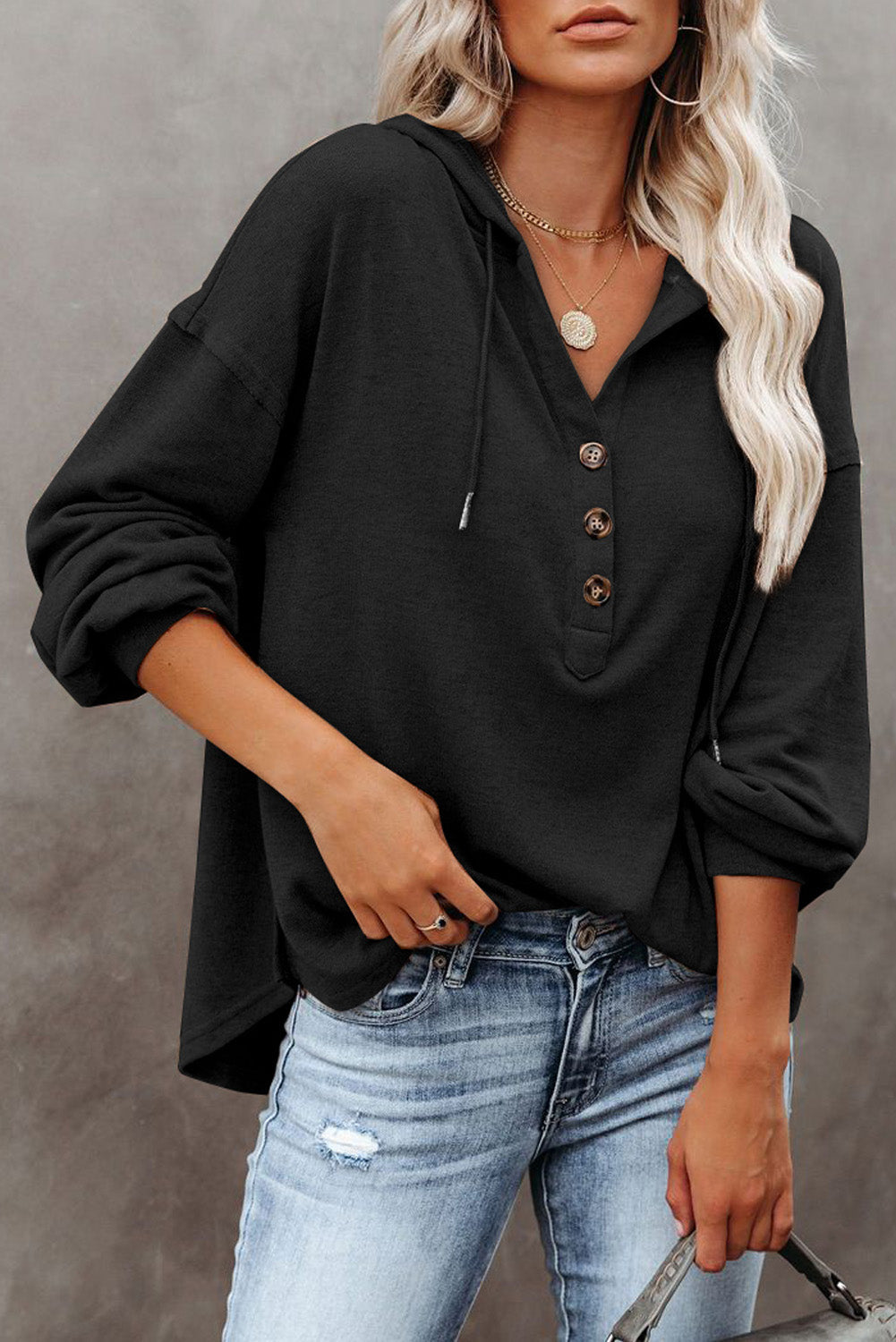 Buttoned High and Low Hem Hoodie