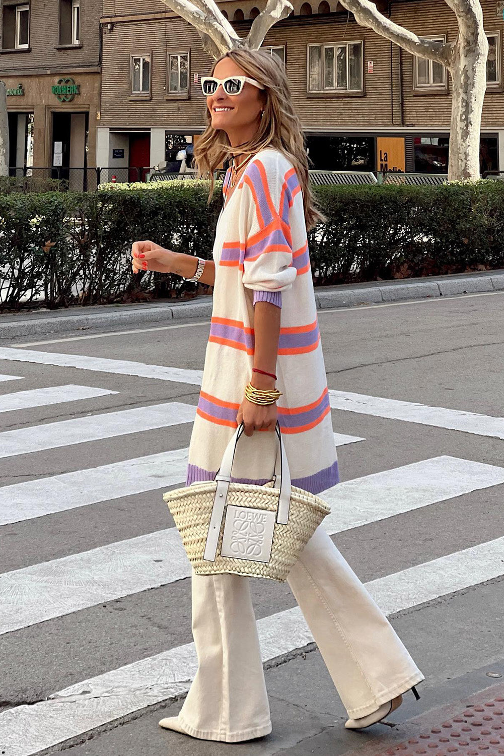 Beige Striped Long Sleeve Ribbed Trim Button Cardigan