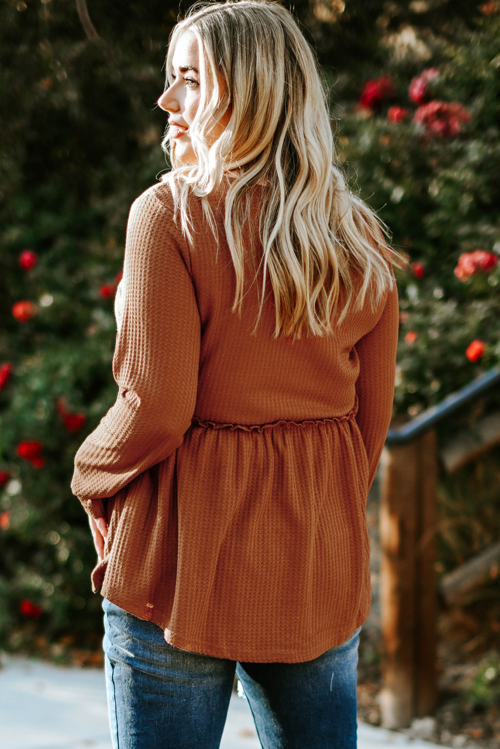 Orange Plus Size Ruffled Waffle Knit Top