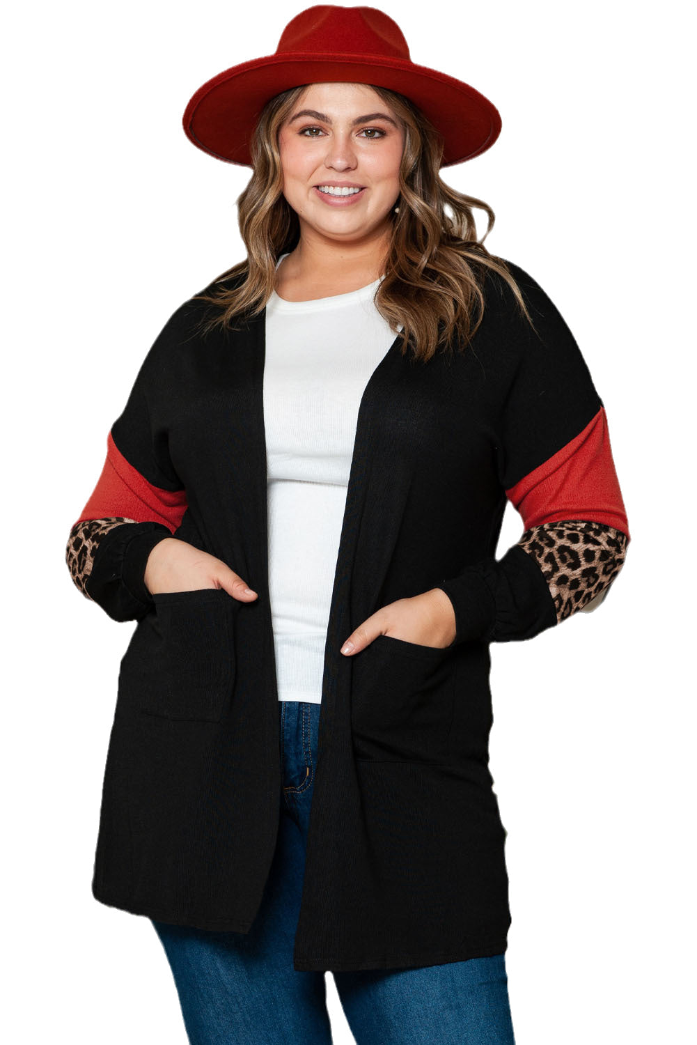 Black Leopard Color Block Sleeve Plus Size Cardigan