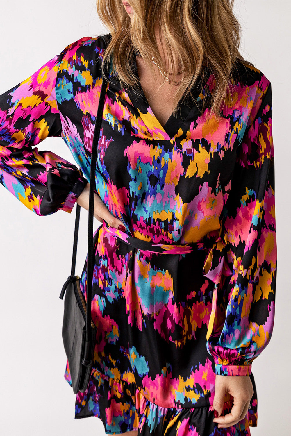 Green Abstract Print Ruffled Drawstring High Waist Mini Dress